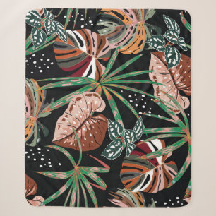 Tropical Noir: Dark Exotic Forest Pattern Sherpa Blanket