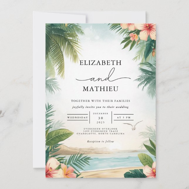Tropical Oasis Floral Arch Wedding Invitation (Front)