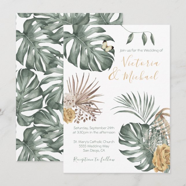 Tropical Oasis Modern Palm leaf Wedding Invitation (Front/Back)