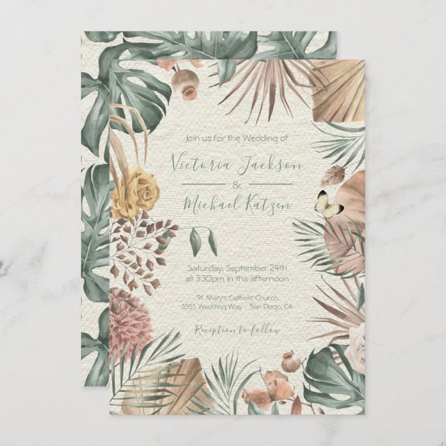 Tropical Oasis Modern Palm leaf Wedding Invitation (Front/Back)