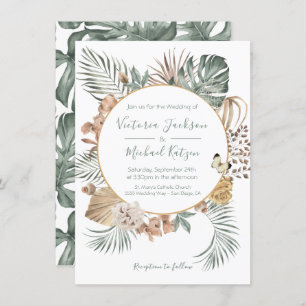 Tropical Oasis Modern Palm Wreath Wedding Invitation