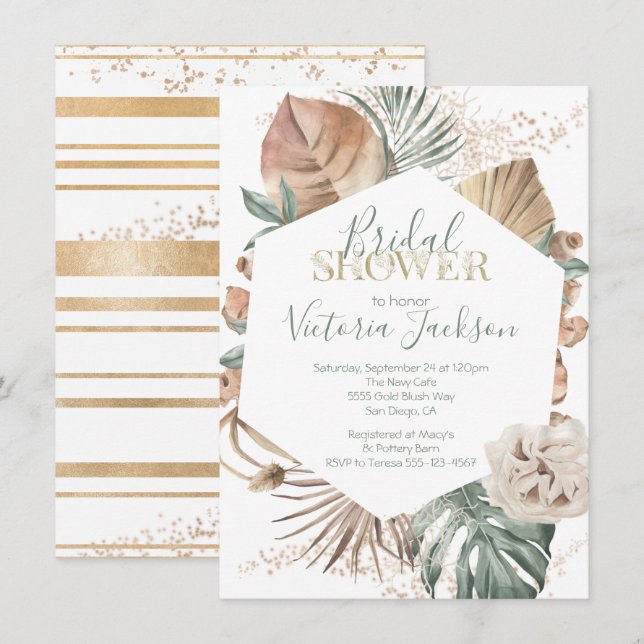 Tropical Oasis Palm Leaf Gold Bridal Shower Invitation (Front/Back)