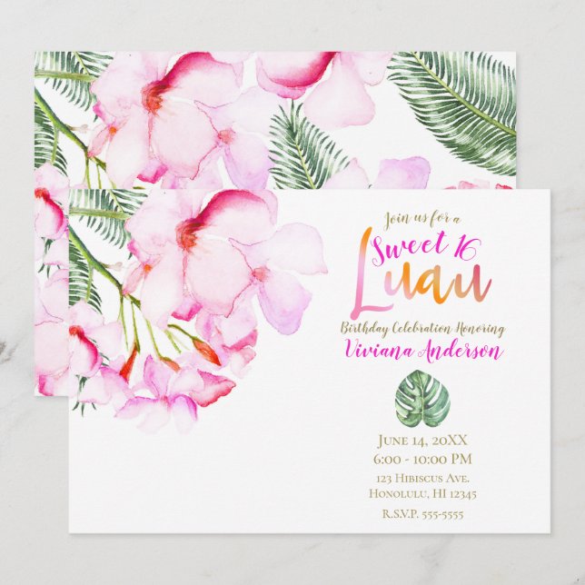 Tropical Oasis Pink Green Hawaiian Floral Sweet 16 Invitation (Front/Back)