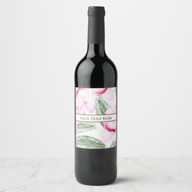 Tropical Oasis Pink Green Hawaiian Floral Wedding Wine Label (Front)