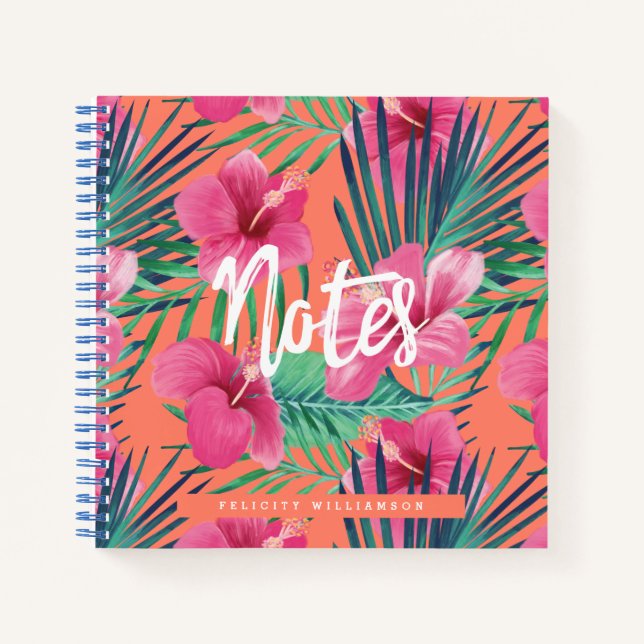 Tropical Oasis Watercolor Palm & Hibiscus Floral Notebook (Front)