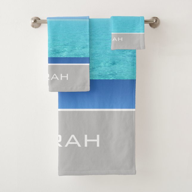 Tropical Ocean Beach Grey Monogram Bathroom Bath Towel Set (Insitu)