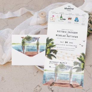 Tropical Ocean Beach   Illustrated Wedding All In One Invitation