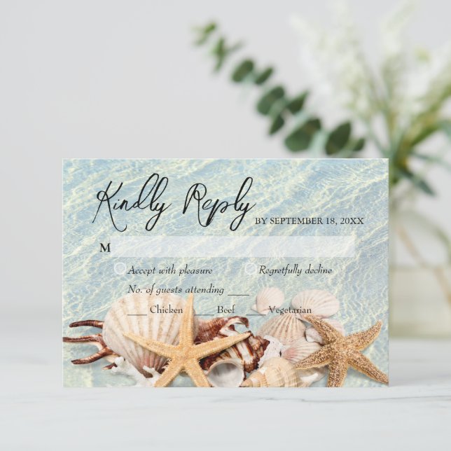 Tropical Ocean Beach Seashell RSVP Card (Standing Front)