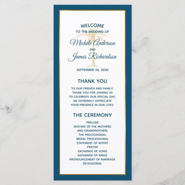 Tropical Ocean Blue Gold Palm Tree Beach Wedding Programme (Front)