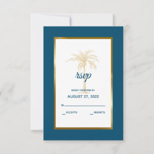 Tropical Ocean Blue Gold Palm Tree Beach Wedding RSVP Card