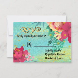 Tropical Ocean Breeze floral gold RSVP Card