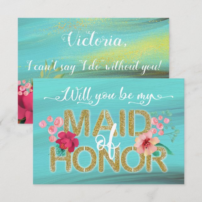 Tropical Ocean Gold Will you be my Maid of Honour Invitation (Front/Back)