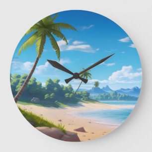 Tropical Ocean Island Sandy Beach Shore Large Clock