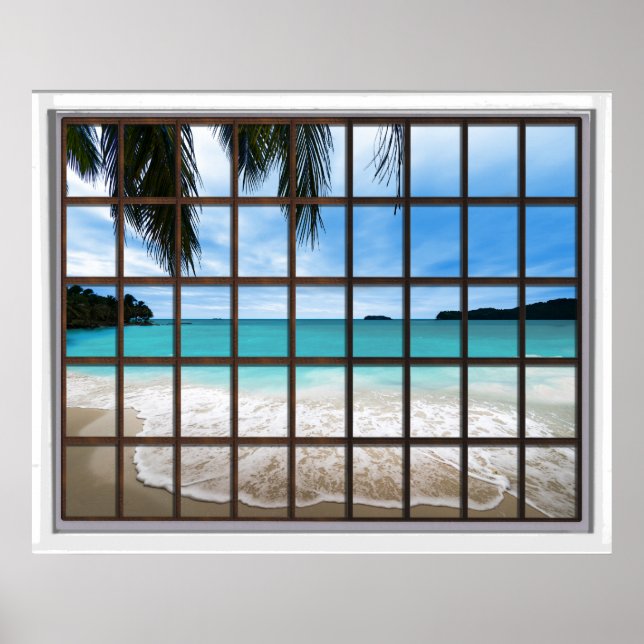 Tropical Ocean Lattice Window View Poster (Front)