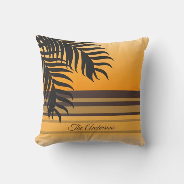 Tropical Ocean Orange Sunset Family Name Cushion (Front)