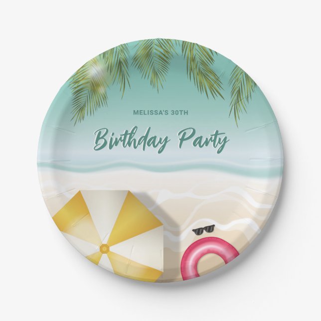 Tropical Ocean Sand Beach Waves Summer Birthday Paper Plate (Front)