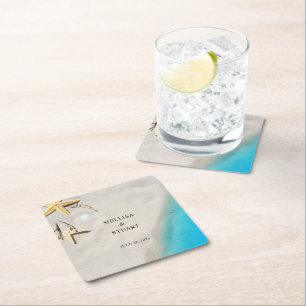 Tropical ocean sand starfish summer beach wedding square paper coaster