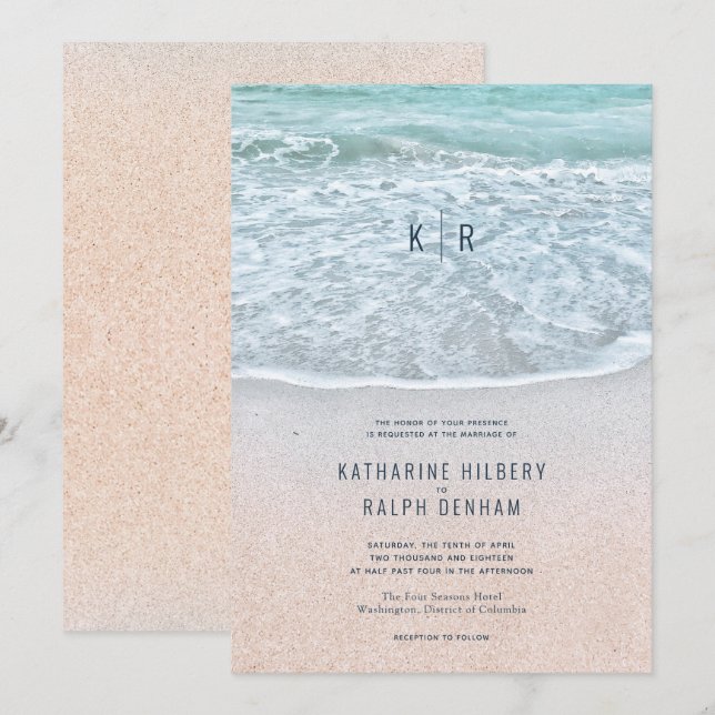 Tropical Ocean & Sandy Beach Monogram Wedding Invitation (Front/Back)