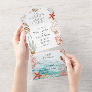 Tropical Ocean Seashell and Coral Beach Wedding All In One Invitation