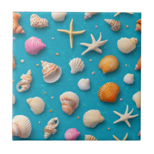 Tropical Ocean Shell Coral Golden Blue Pattern Tile