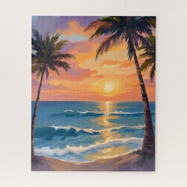 Tropical Ocean Sunset Palm Tree Watercolor Jigsaw Puzzle (Vertical)
