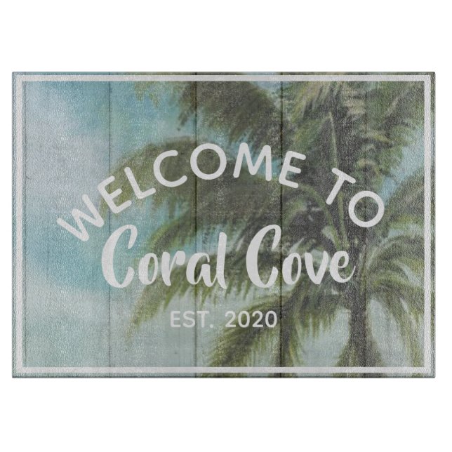 Tropical Ocean View Palm Tree Beach House Name  Cutting Board (Front)