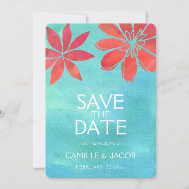 Tropical Ocean Watercolor Floral Save the Date (Front)