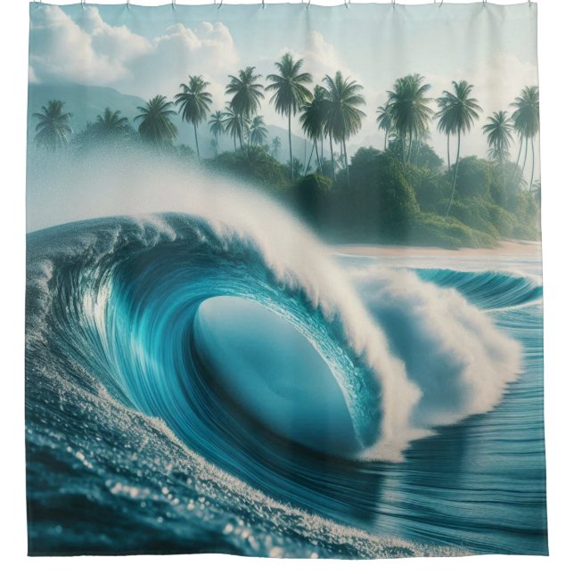 Tropical Ocean Wave Crescendo Palm Trees Scenery  Shower Curtain (Front)