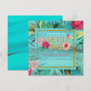 Tropical Ocean Waves Gold Glitter Wedding Card
