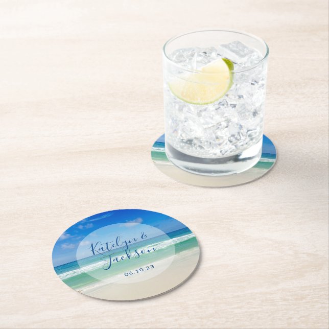 Tropical Ocean Waves Photography Beach Wedding Round Paper Coaster (Insitu)