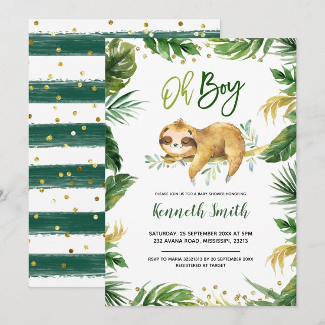 Tropical Oh Boy Sloth Baby Shower Invitation (Front/Back)