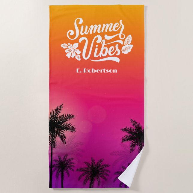 Tropical Ombre Summer Night Monogram Beach Towel (Front)