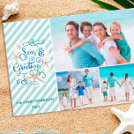 Tropical or Nautical SEAsons Greetings | Stripe Holiday Card<br><div class="desc">A fun, tropical or nautical play on "Season's Greetings" with the words "Seas AND Greetings" in modern, elegant script typography in tranquil underwater colors accented with starfish against an aqua/teal striped background. This beach and aquatic themed holiday greeting coordinates with your beach, cruise, and tropical vacation photos or you're sending...</div>