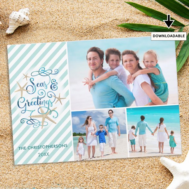 Tropical or Nautical SEAsons Greetings | Stripe Holiday Card (Creator Uploaded)