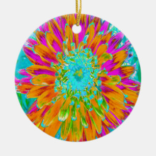 Tropical Orange and Hot Pink Decorative Dahlia Ceramic Tree Decoration