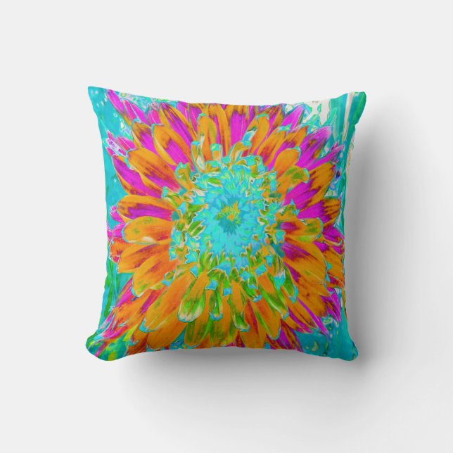 Tropical Orange and Hot Pink Decorative Dahlia Cushion (Front)