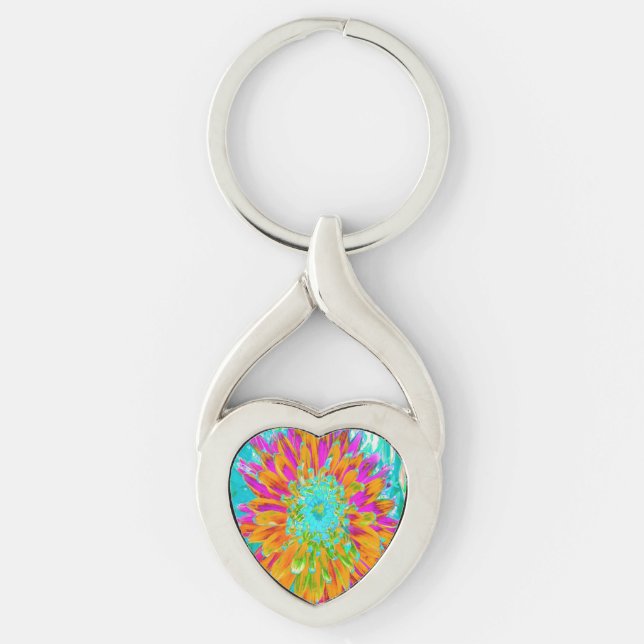 Tropical Orange and Hot Pink Decorative Dahlia Key Ring (Front)