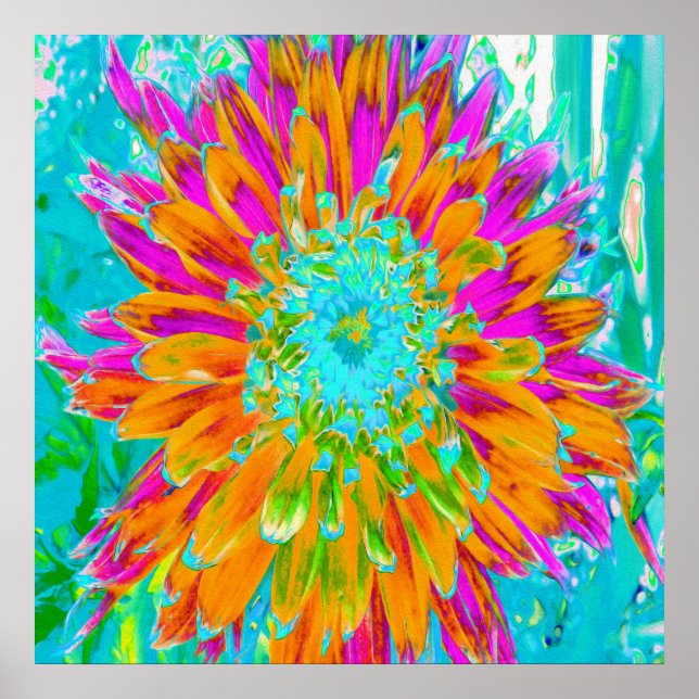 Tropical Orange and Hot Pink Decorative Dahlia Poster (Front)