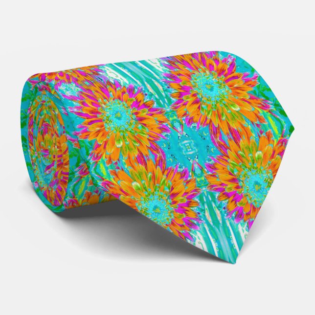 Tropical Orange and Hot Pink Decorative Dahlia Tie (Rolled)