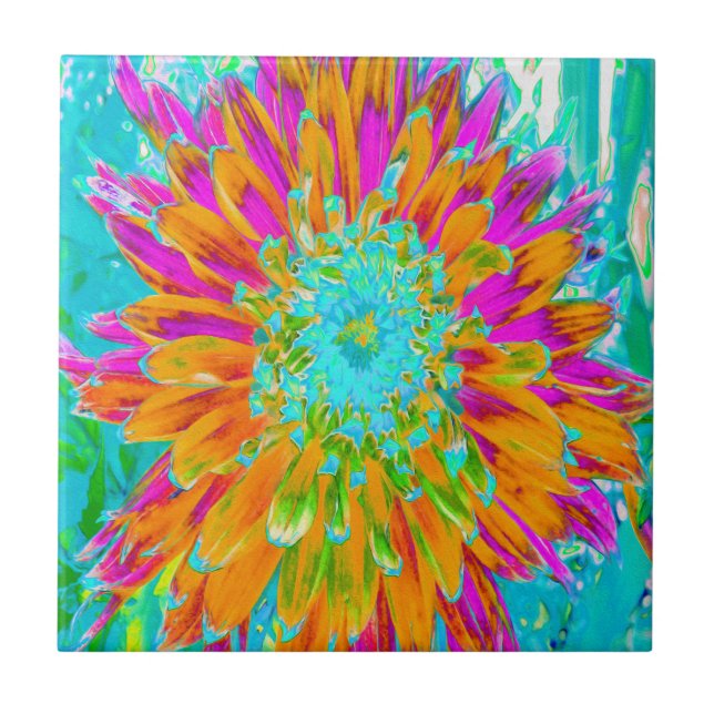Tropical Orange and Hot Pink Decorative Dahlia Tile (Front)