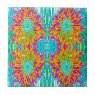 Tropical Orange and Hot Pink Decorative Dahlia Tile