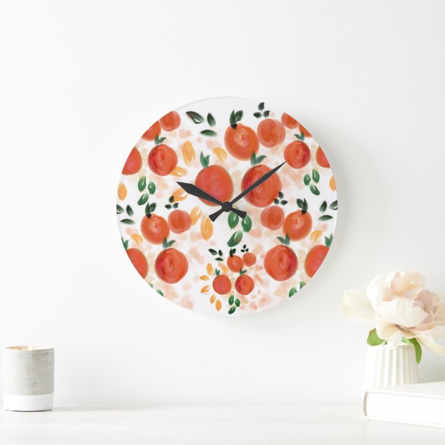 Tropical Orange and Leaves Pattern Large Clock (Home)