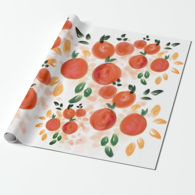 Tropical Orange and Leaves Pattern Wrapping Paper (Unrolled)