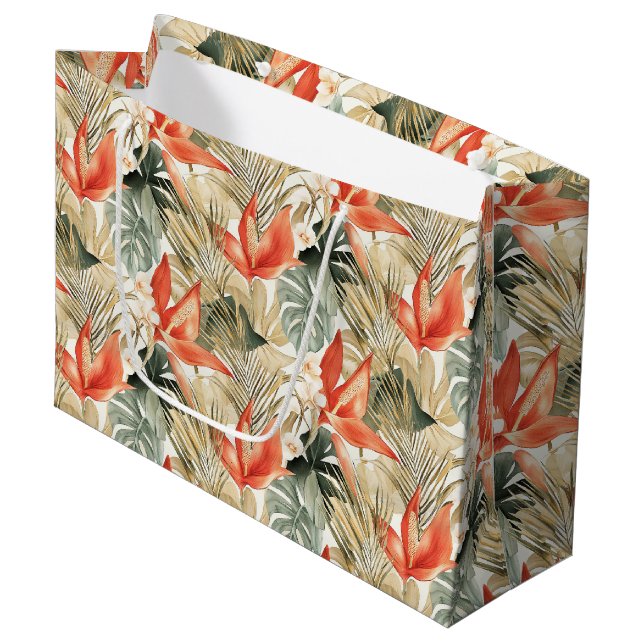 Tropical Orange Anthurium Floral Bridal Shower Large Gift Bag (Front Angled)