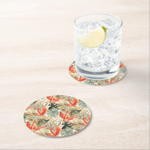 Tropical Orange Anthurium Floral Jungle   Round Paper Coaster