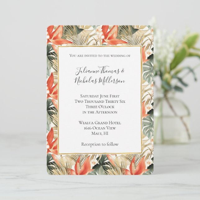 Tropical Orange Anthurium Floral Wedding Invitation (Standing Front)