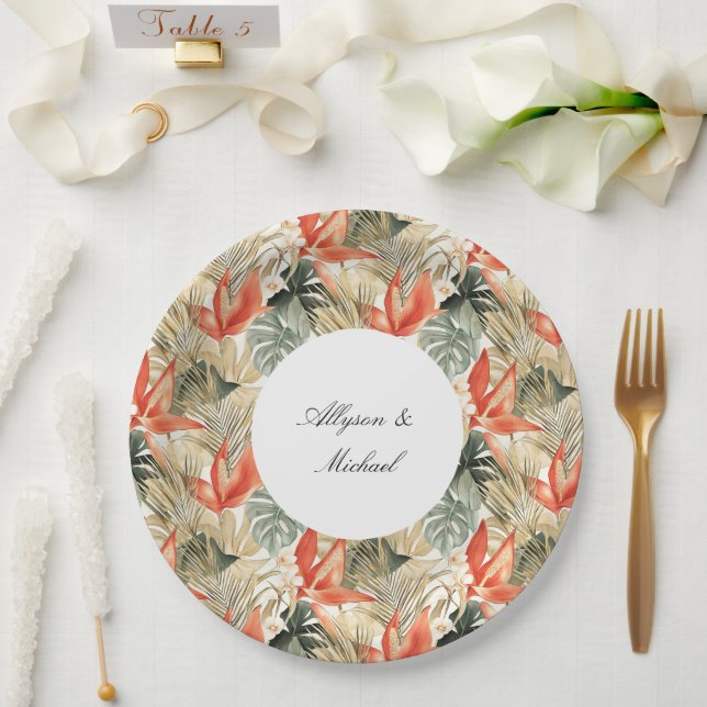 Tropical Orange Anthurium Floral Wedding Paper Plate (Wedding)