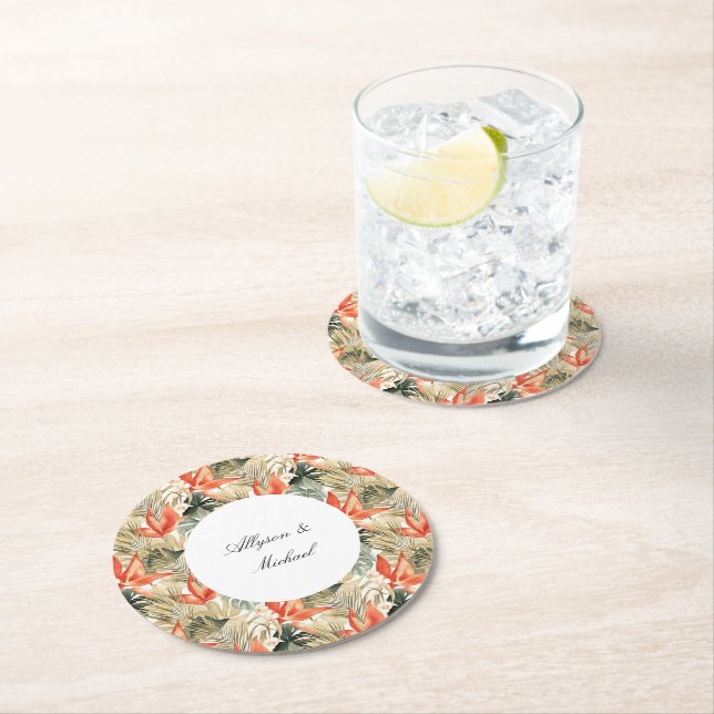 Tropical Orange Anthurium Floral Wedding Round Paper Coaster (Insitu)