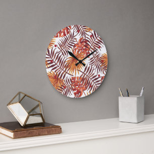 Tropical Orange Brown Palm Leaves Watercolor Art Large Clock