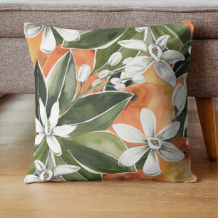 Tropical Orange & Flowers Watercolor Pattern Cushion